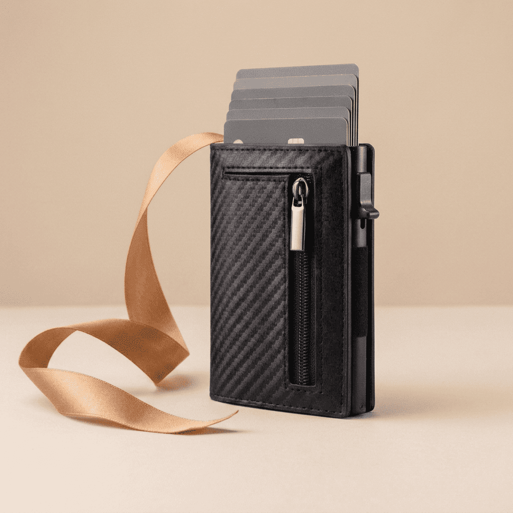 Porte-cartes RFID compact pop-up carbone Pulson avec ruban cognac doré — Novaleor
