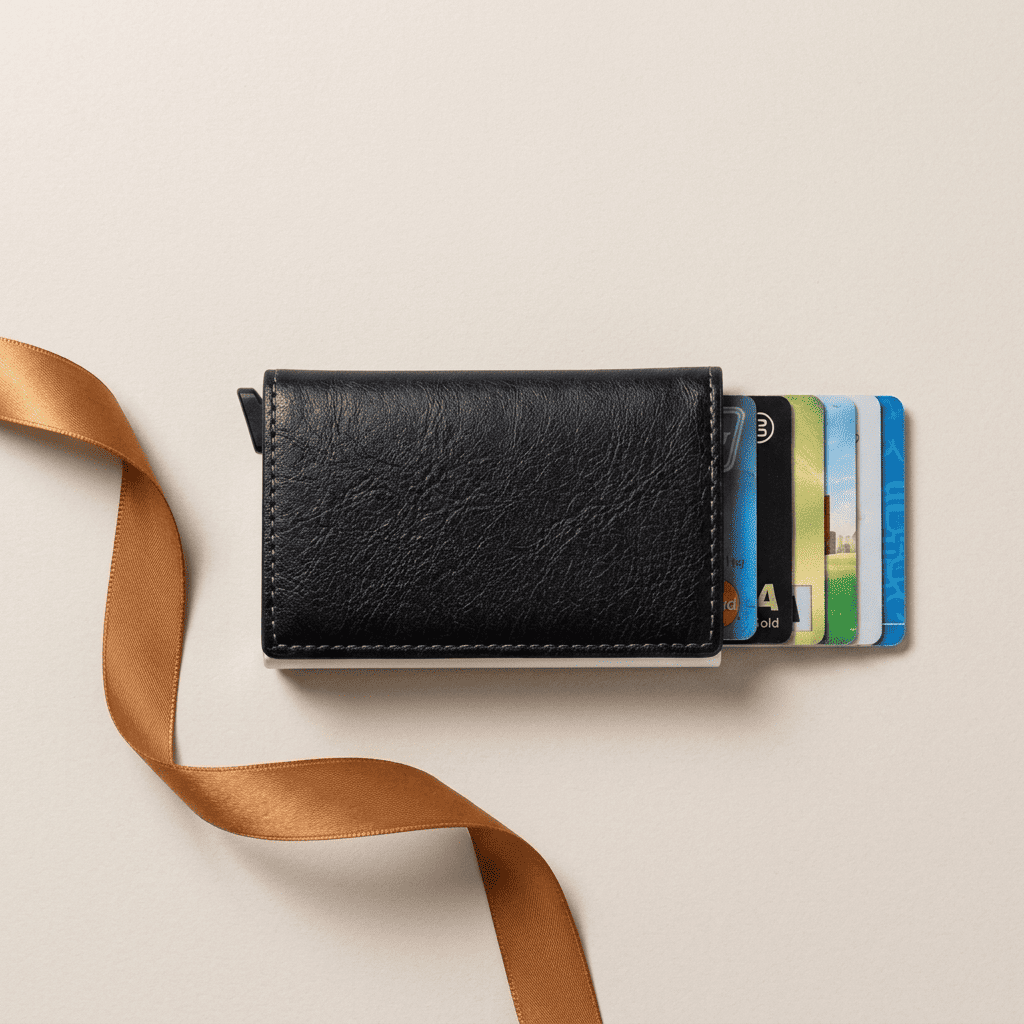 Porte-cartes RFID slim aluminium noir Carvex avec ruban cognac doré — Novaleor