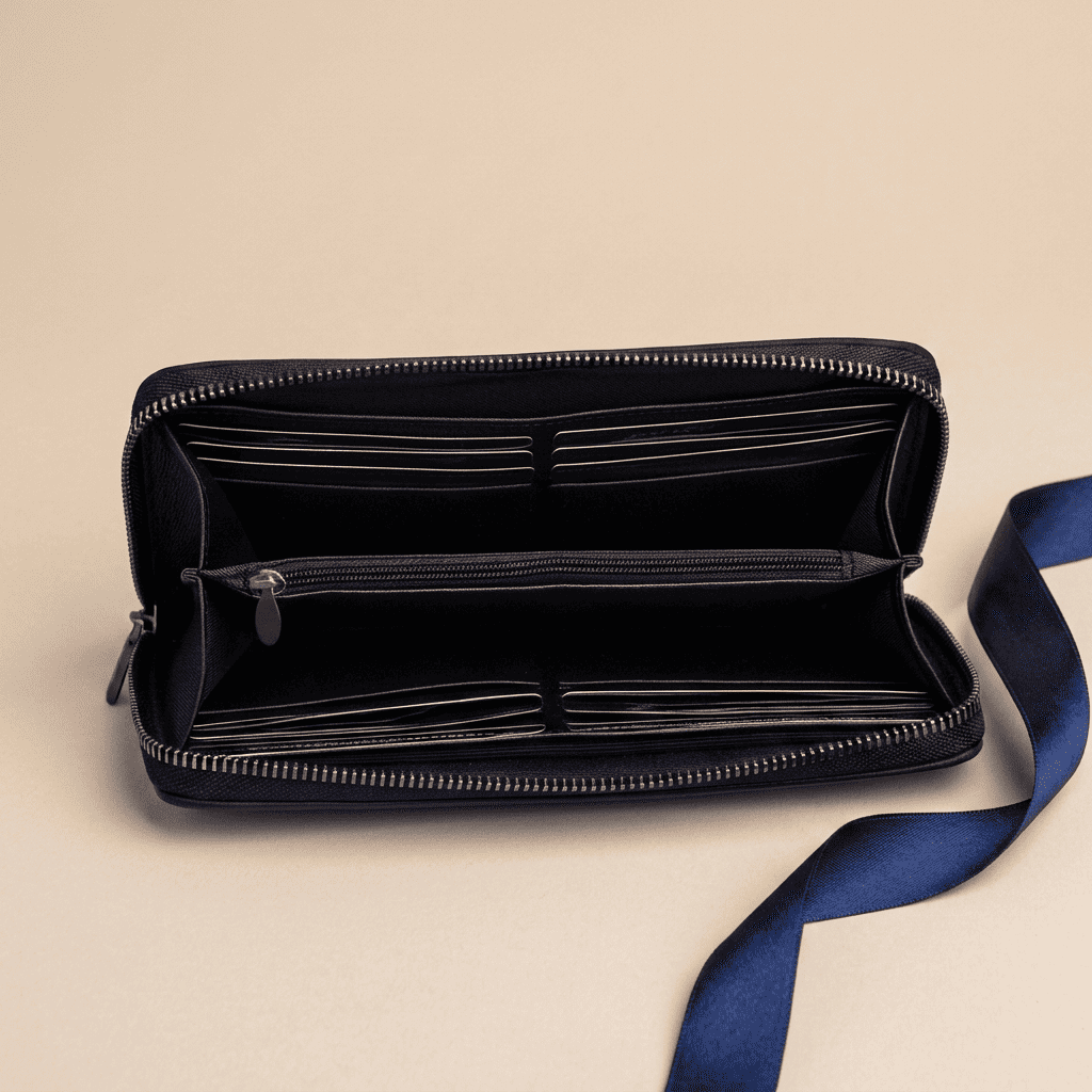 Portefeuille homme pochette long zippé dragonne en cuir synthétique ouvert Eryon avec ruban bleu nuit — Novaleor
