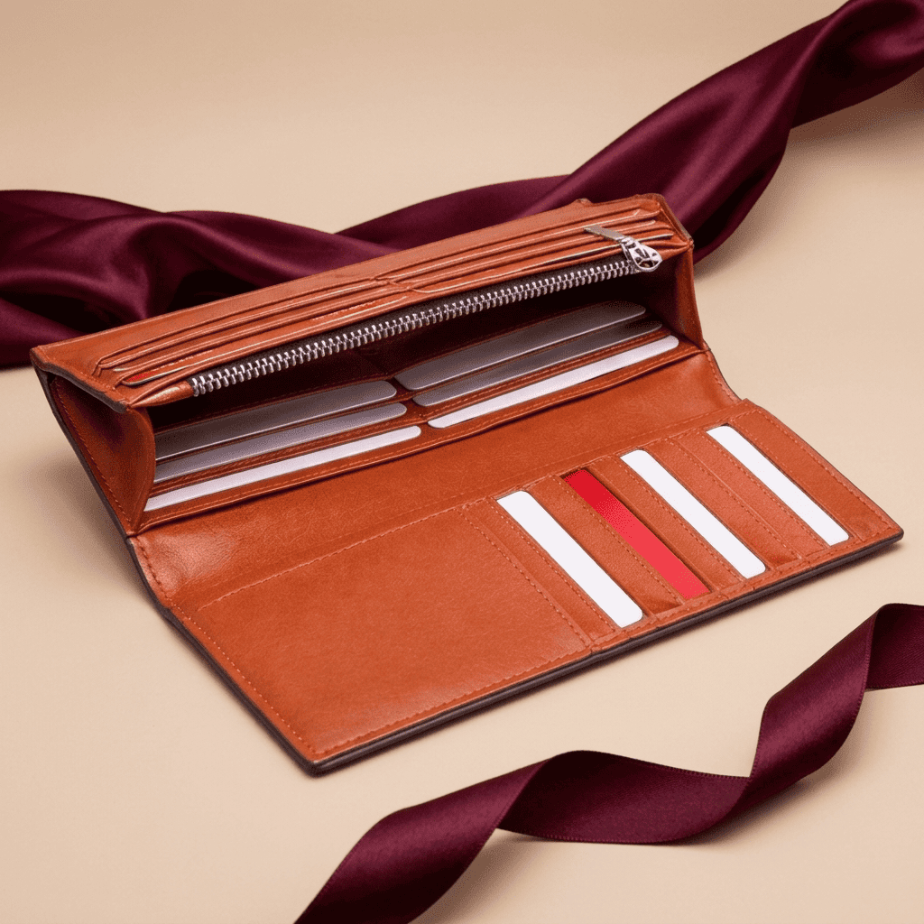 Portefeuille long cuir véritable japonais ouvert Kaizen avec ruban bordeaux — Novaleor