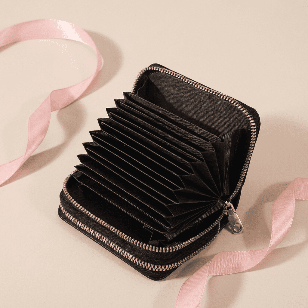 Portefeuille femme compact zippé grande capacité en cuir synthétique noir ouvert Serenya avec ruban rose poudré — Novaleor