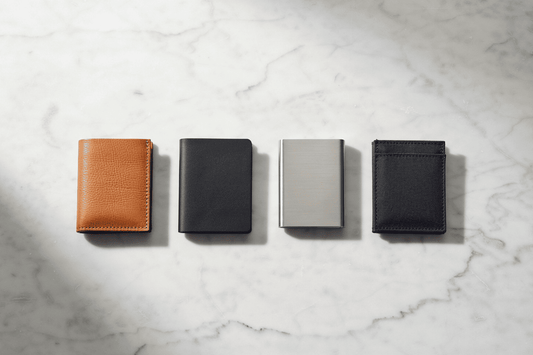 porte-cartes de différentes matières sur fond en marbre | Novaleor