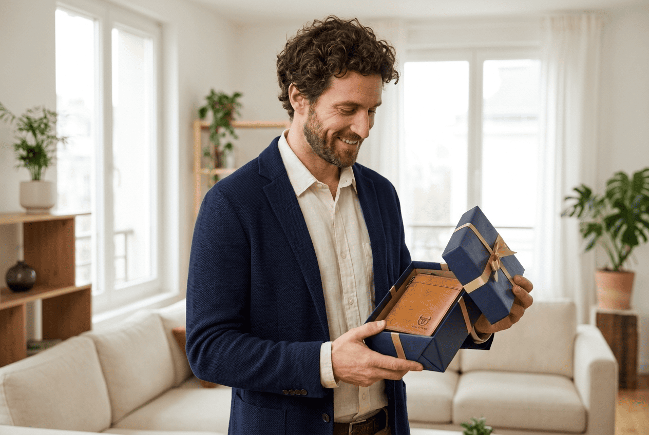 Homme ouvrant un portefeuille en cuir bullcaptain en cadeau