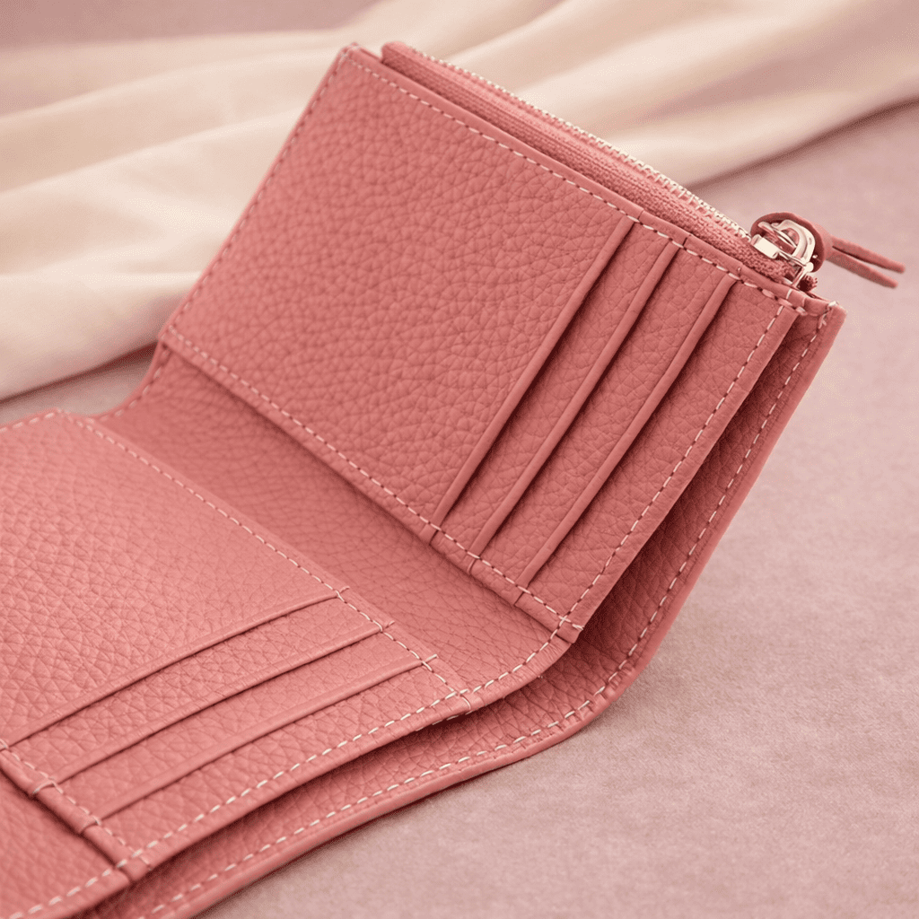 Détail des emplacements cartes d’un portefeuille femme rose en cuir grainé sur fond studio | Novaleor
