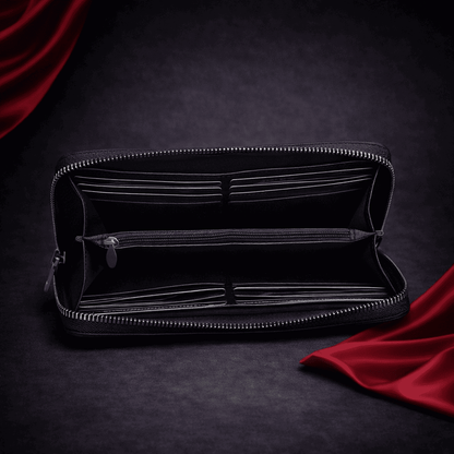 portefeuille long zippé ouvert montrant les compartiments intérieurs | Novaleor