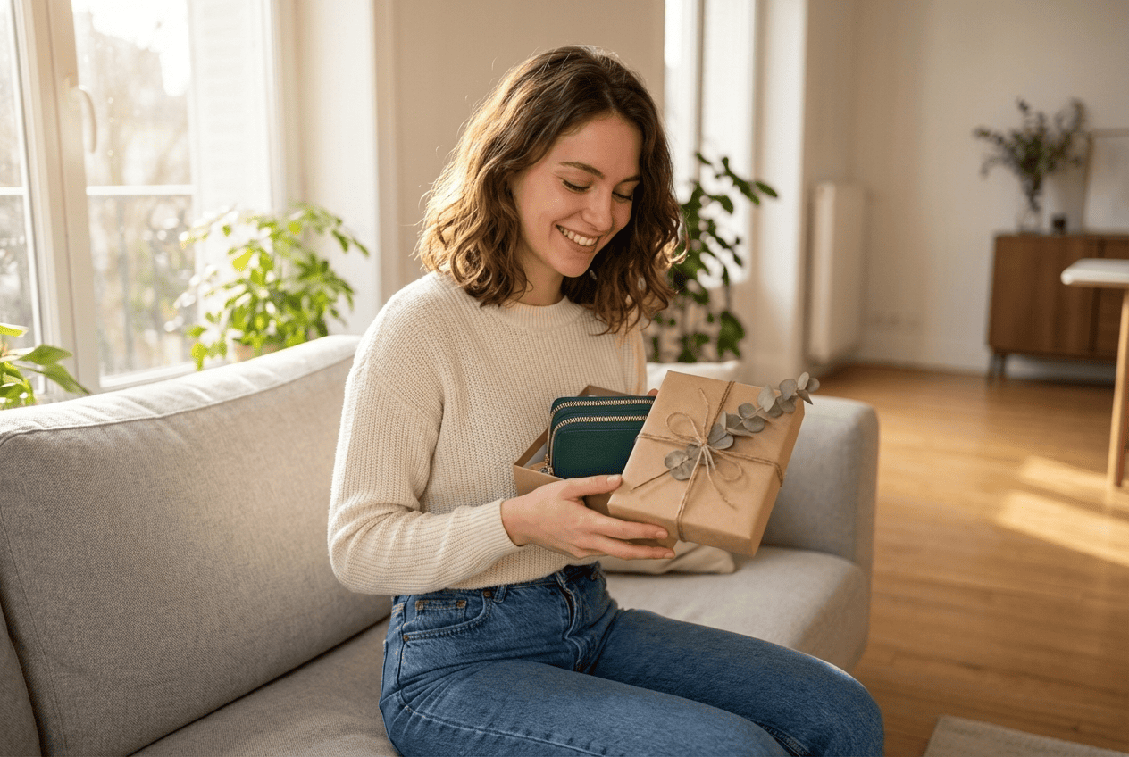 femme tenant sonportefeuille en cadeau