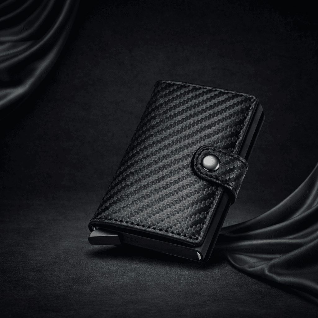 Porte-cartes homme carbone noir fermé, design compact et élégant, protection RFID, présenté sur fond sombre premium