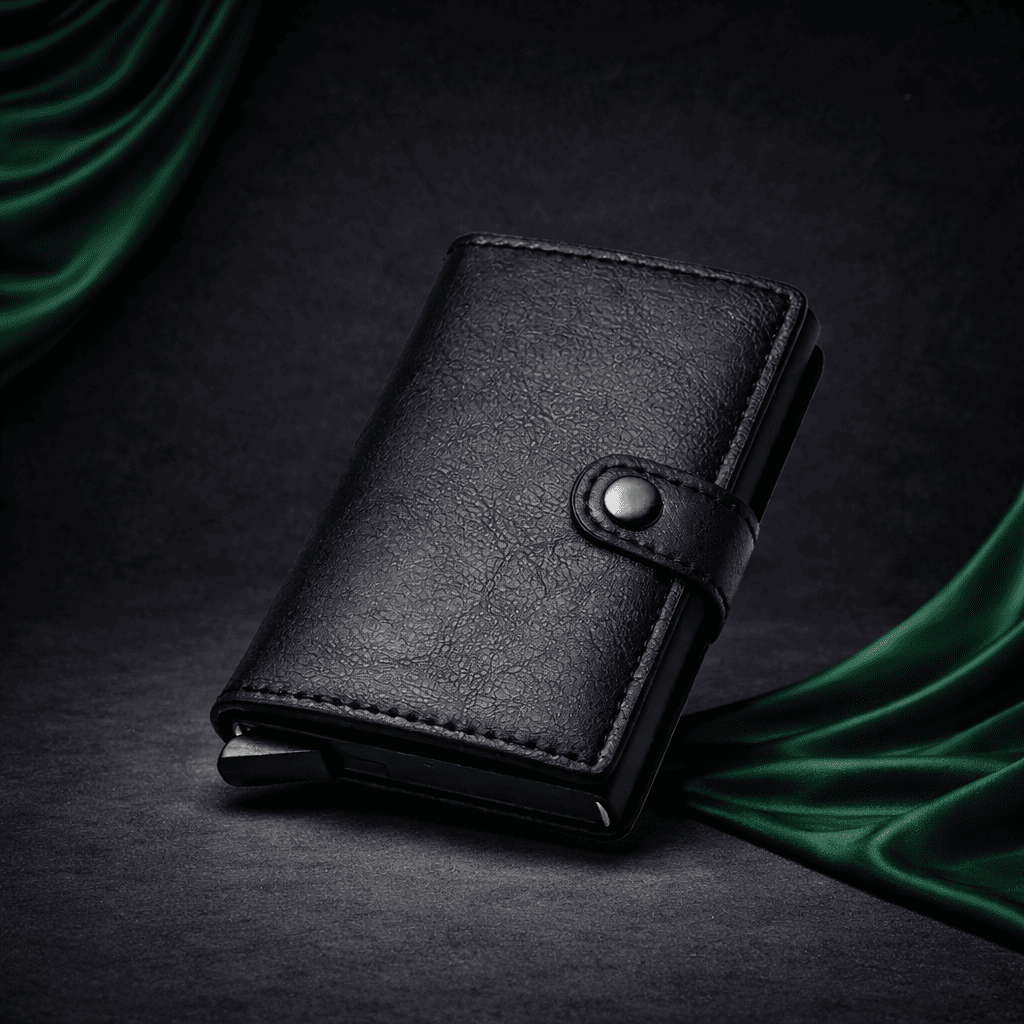 Porte-cartes en cuir noir pour homme avec bouton pression, format compact, style minimaliste sur fond textile sombre