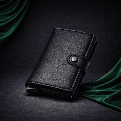 Porte-cartes en cuir noir pour homme avec bouton pression, format compact, style minimaliste sur fond textile sombre