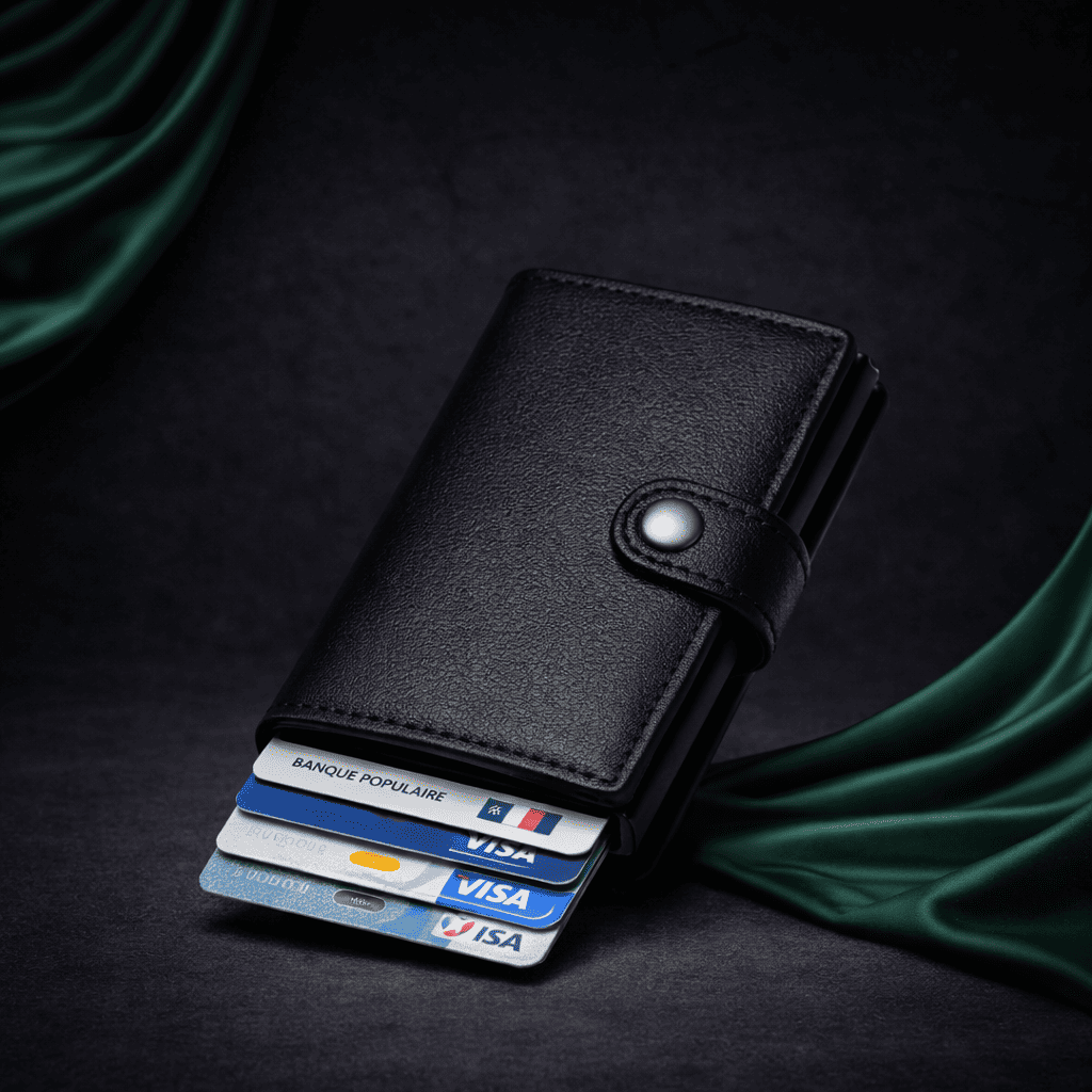 Porte-cartes noir sécurisé pour homme, finition cuir lisse, format compact anti-RFID sur fond premium sombre