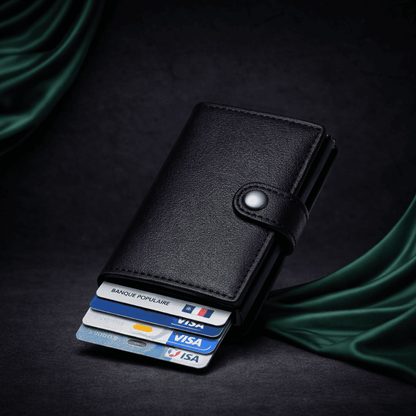 Porte-cartes noir sécurisé pour homme, finition cuir lisse, format compact anti-RFID sur fond premium sombre