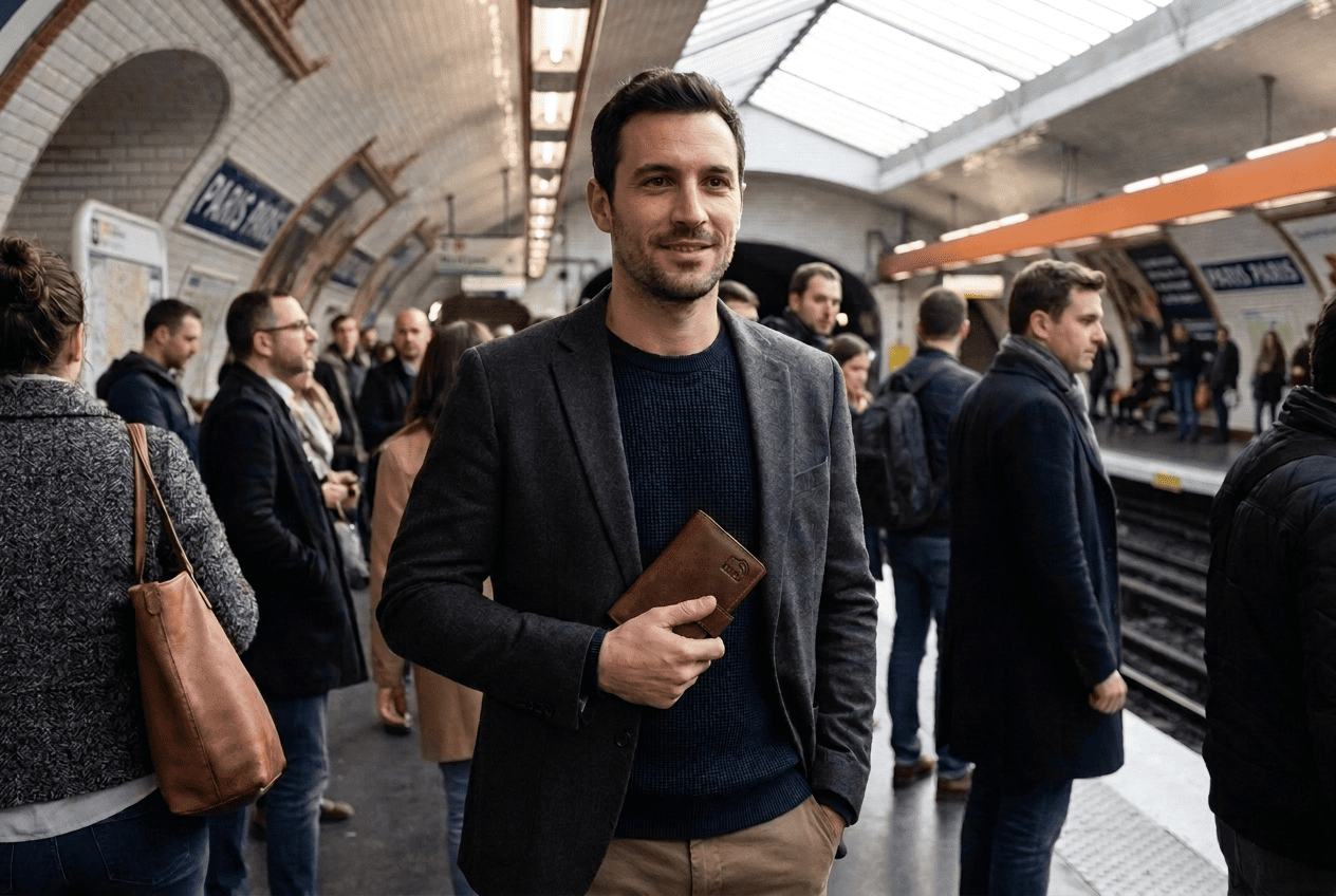 Homme actif dans un métro utilisant un portefeuille compact rfid