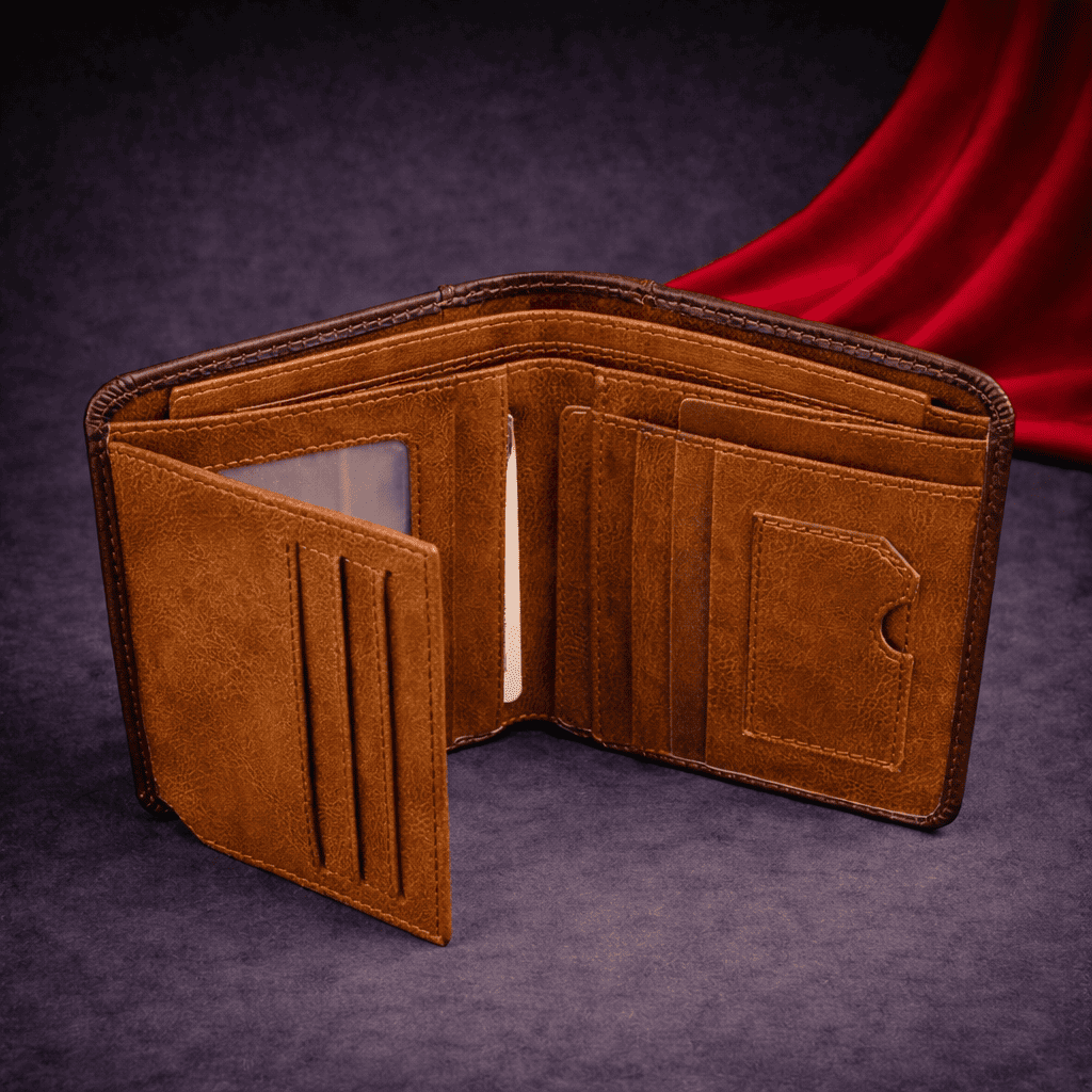 Portefeuille homme en cuir marron ouvert montrant les compartiments pour cartes et billets | Novaleor