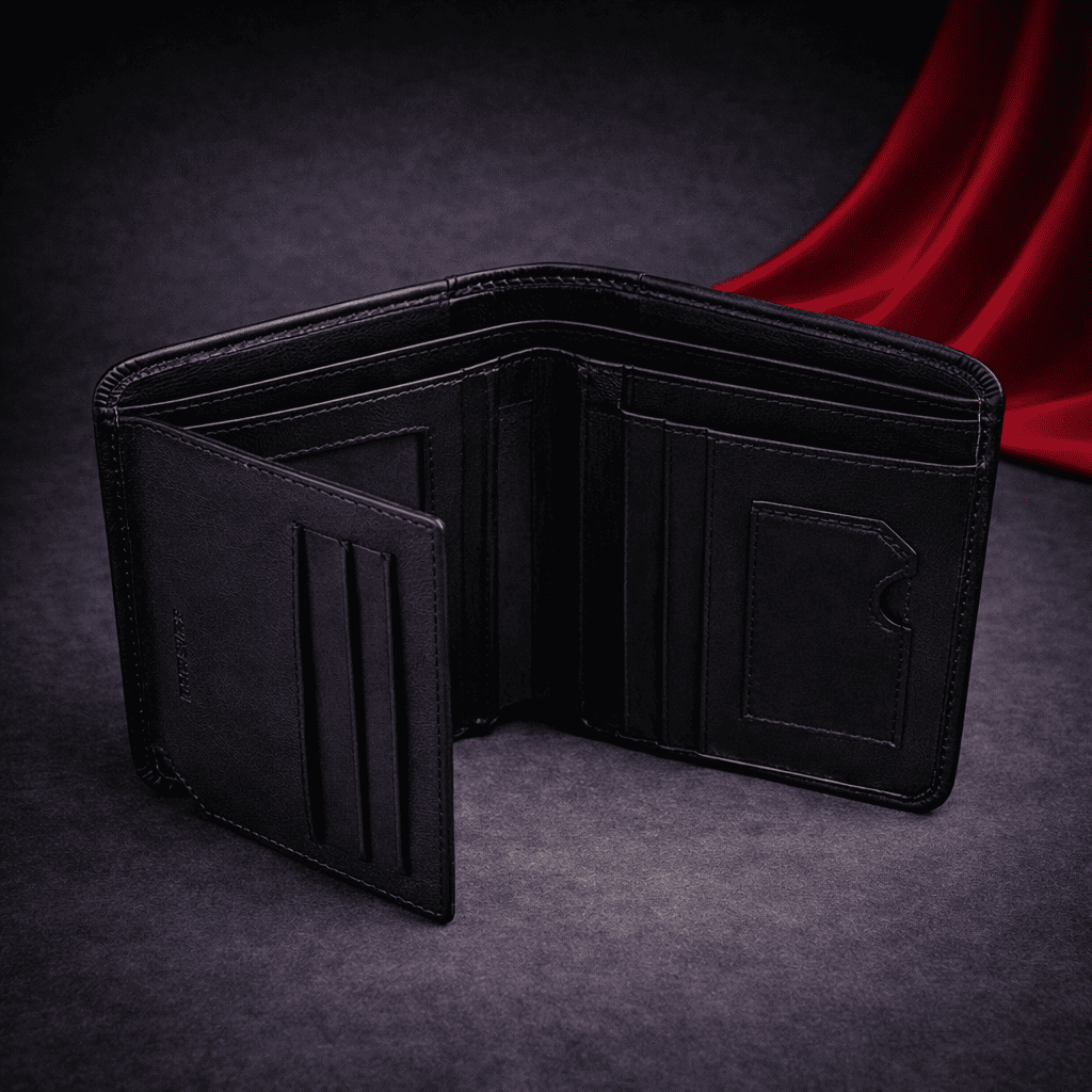 Portefeuille homme en cuir noir ouvert avec emplacements pour cartes et poche d’identité | Novaleor