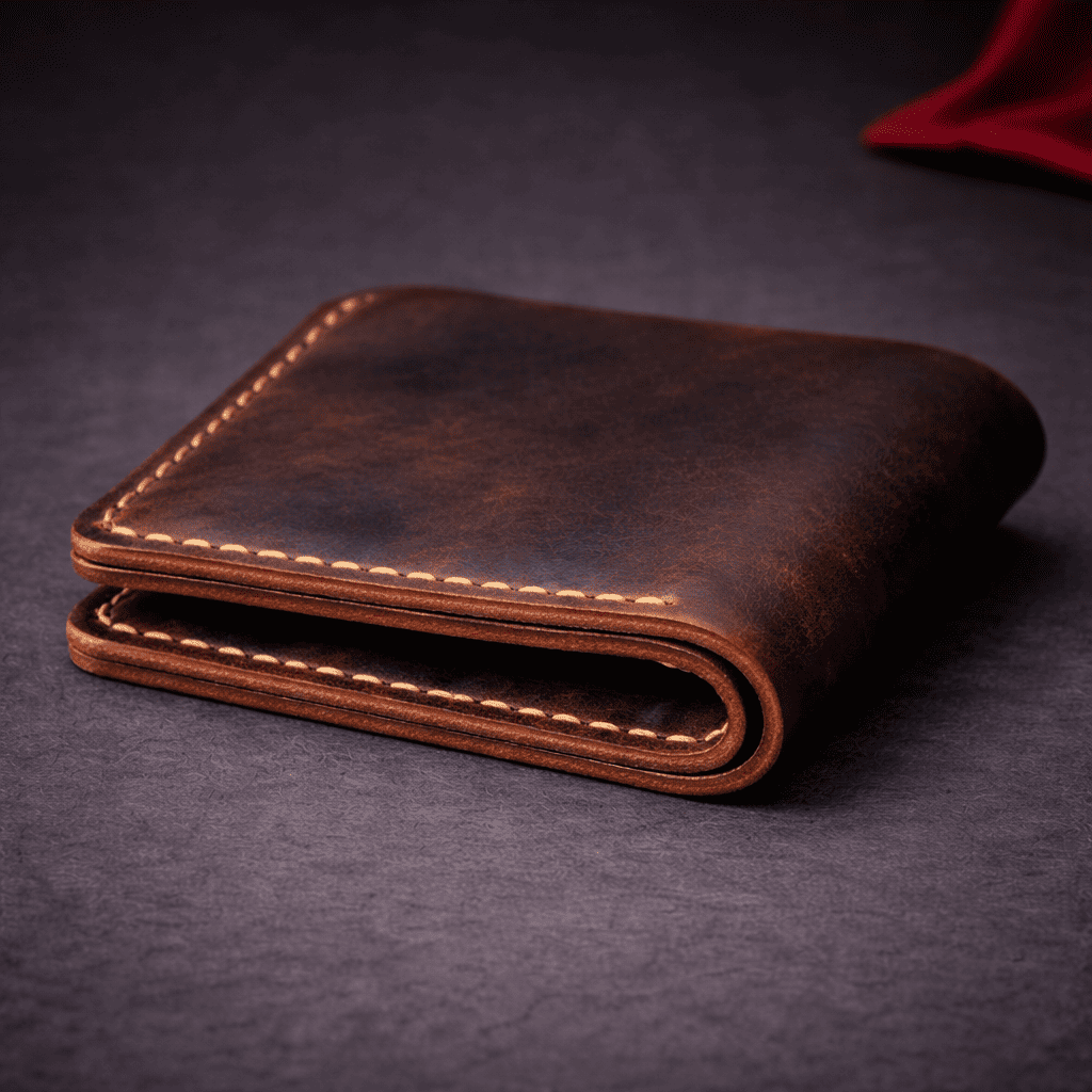 Portefeuille en cuir plié posé sur surface textile | Novaleor