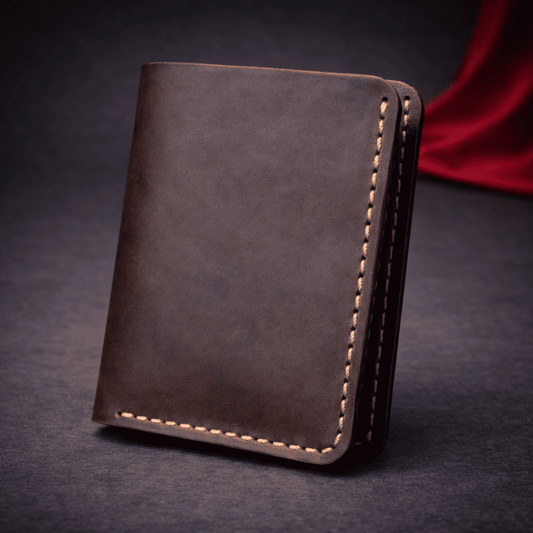 Portefeuille vertical en cuir marron foncé finition artisanale | Novaleor