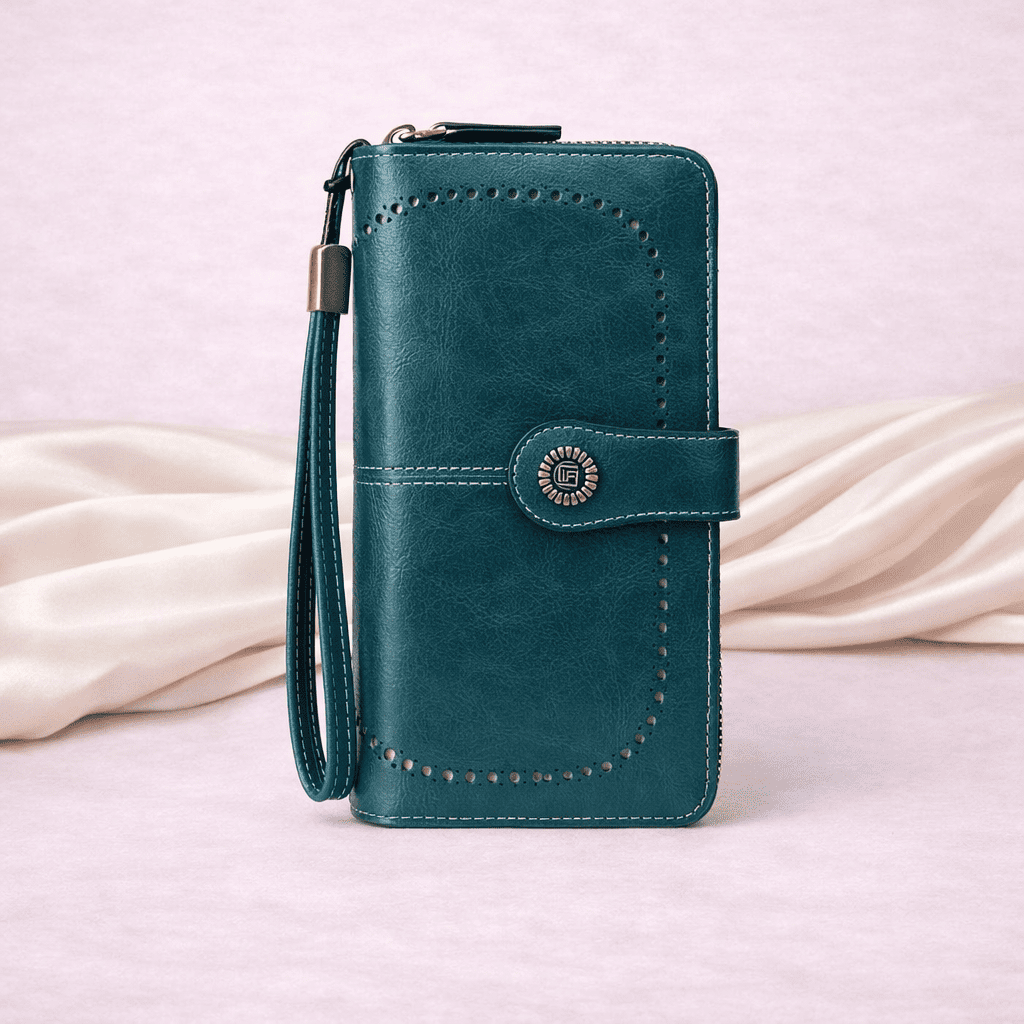 Portefeuille femme RFID en cuir bleu paon avec double fermeture éclair | Novaleor
