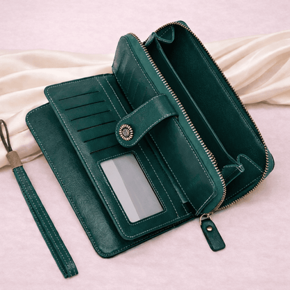 Portefeuille femme RFID en cuir bleu paon ouvert avec double fermeture éclair | Novaleor