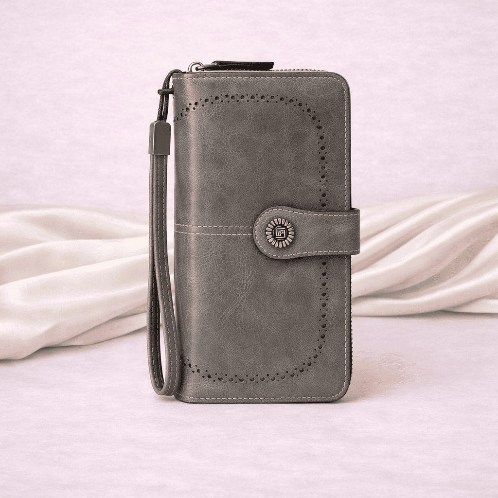 Portefeuille femme RFID en cuir gris avec double compartiment zippé | Novaleor