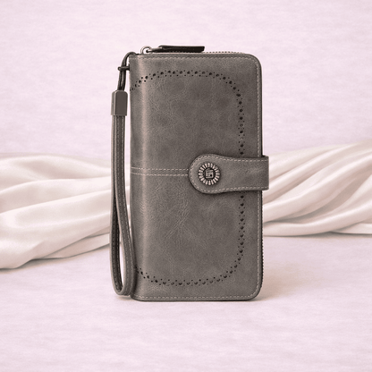 Portefeuille femme RFID en cuir gris avec double compartiment zippé | Novaleor