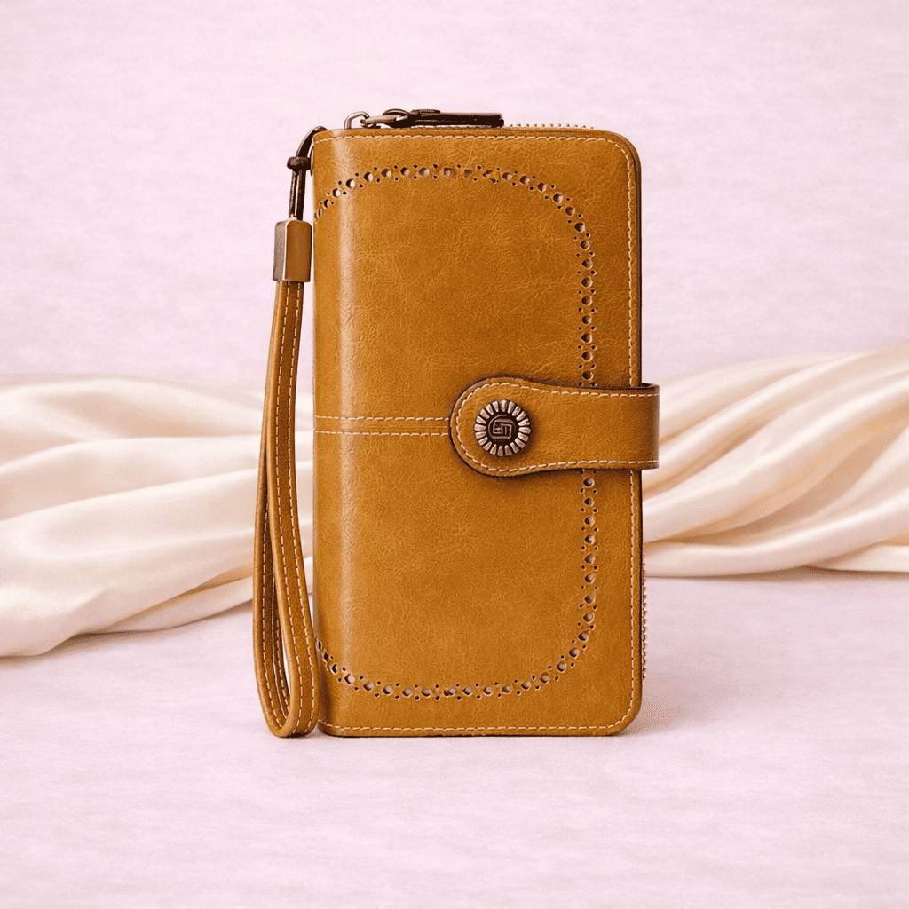 Portefeuille femme RFID en cuir marron clair avec double fermeture éclair et bracelet | Novaleor