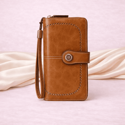 Portefeuille femme RFID en cuir marron avec fermeture éclair et bracelet | Novaleor