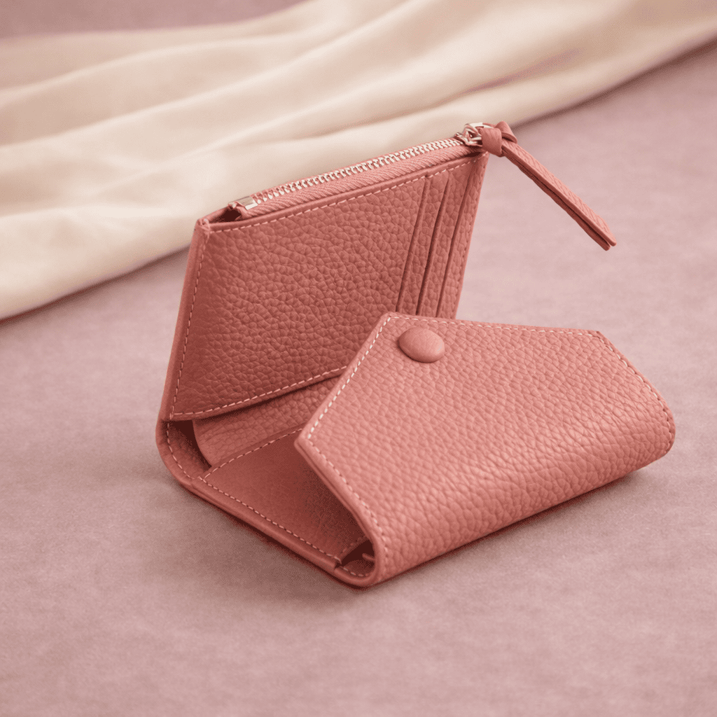 Portefeuille femme rose ouvert montrant les compartiments cartes et monnaie sur fond studio élégant | Novaleor
