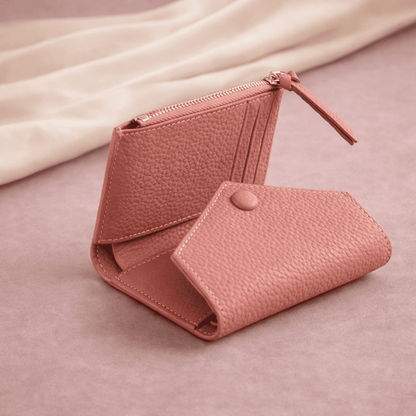 Portefeuille femme rose ouvert montrant les compartiments cartes et monnaie sur fond studio élégant | Novaleor
