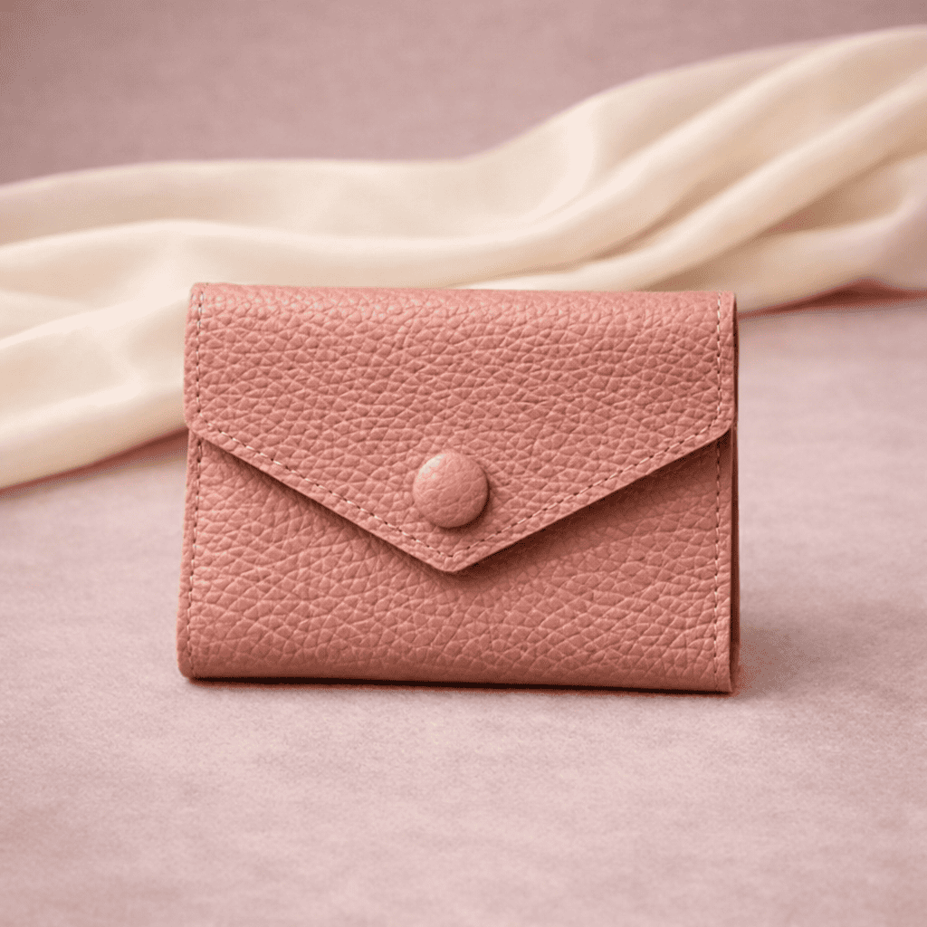 Portefeuille femme rose fermé avec bouton pression sur fond studio doux et minimaliste | Novaleor
