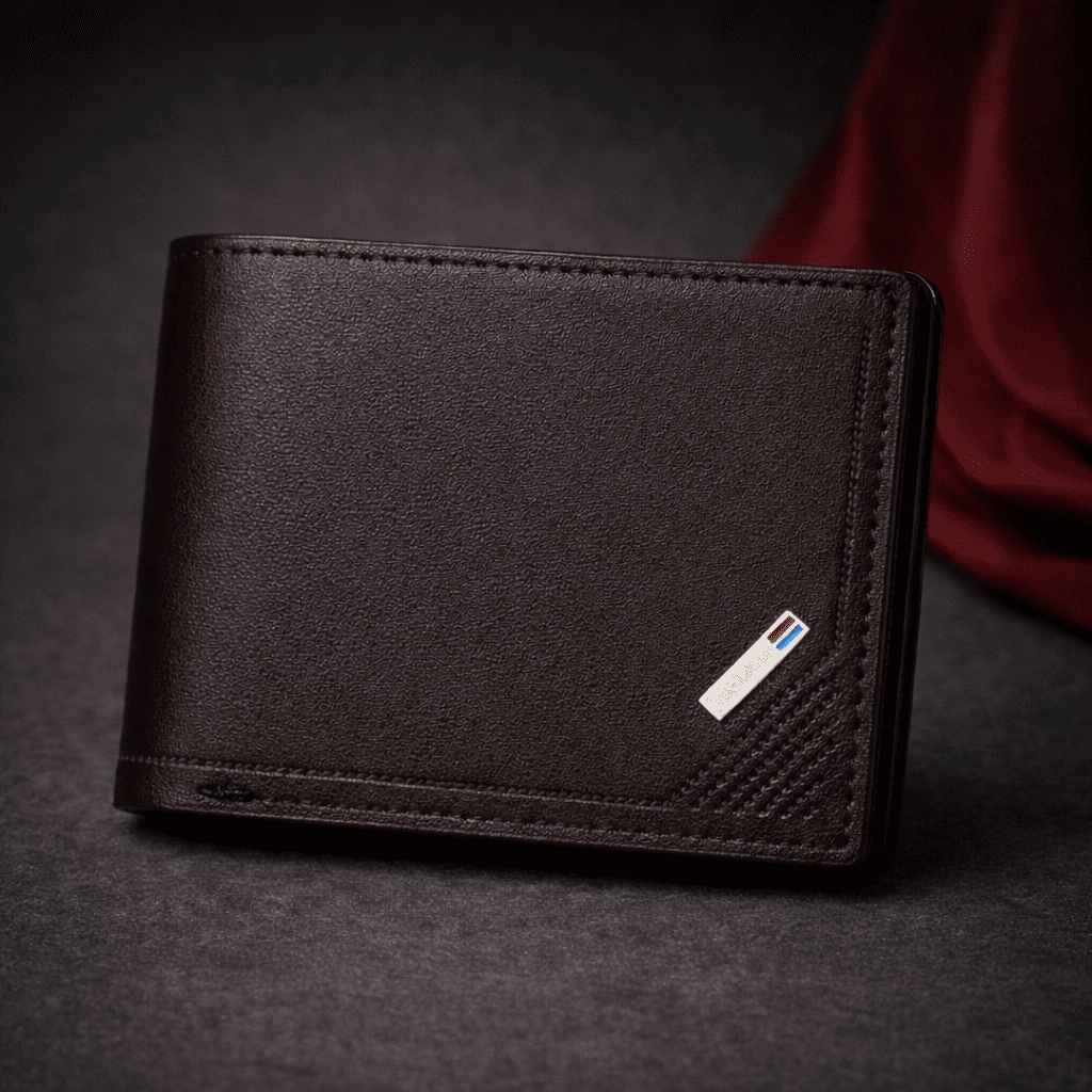 Portefeuille homme en cuir coloris café, finition premium avec détail métallique, présenté sur fond studio élégant Novaleor