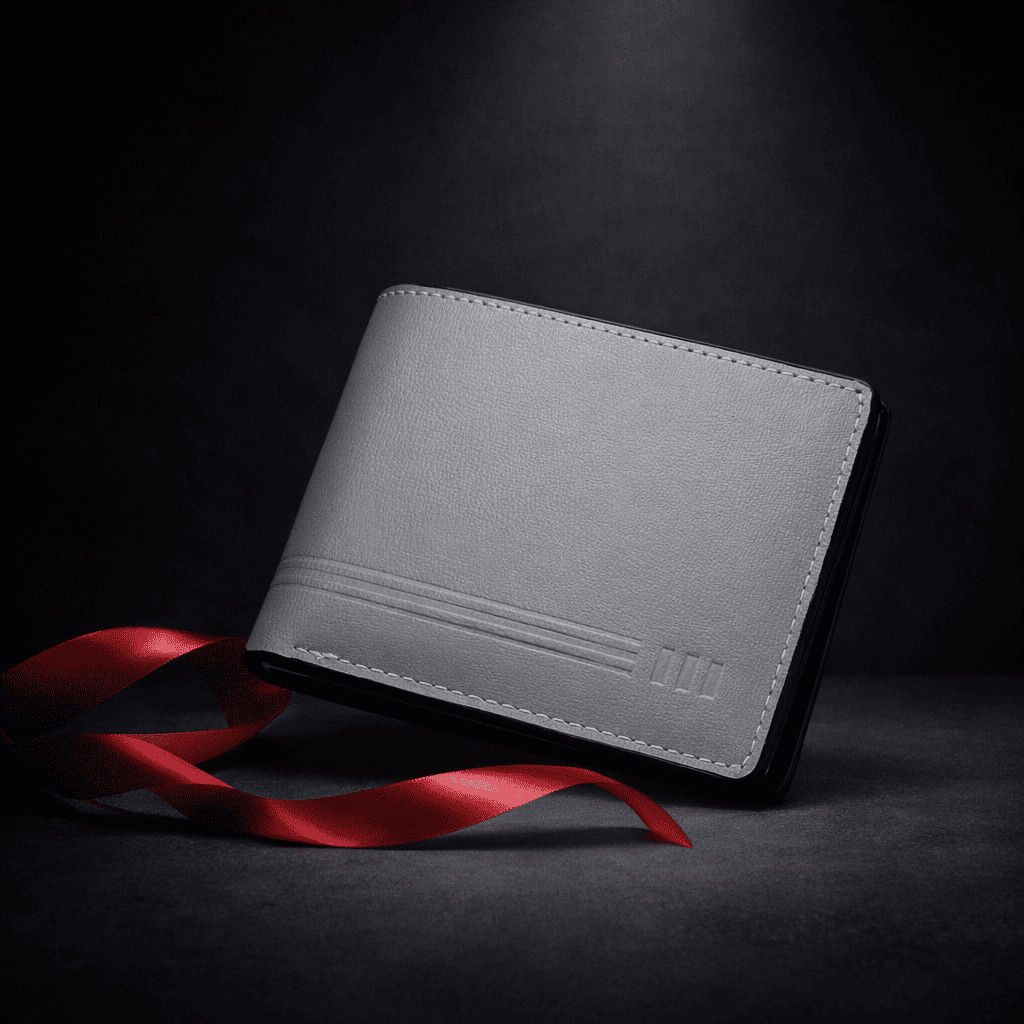 Portefeuille homme en cuir gris fermé au design minimaliste, posé sur fond sombre avec ruban rouge