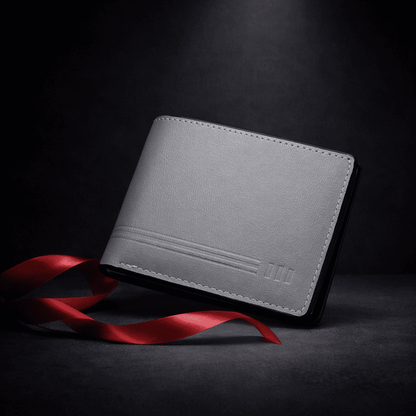 Portefeuille homme en cuir gris fermé au design minimaliste, posé sur fond sombre avec ruban rouge