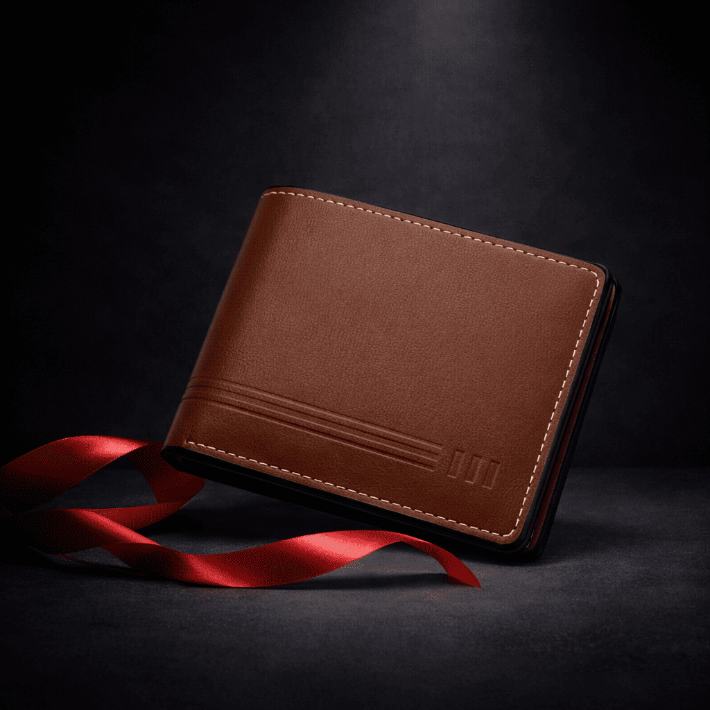 Portefeuille homme en cuir marron foncé posé sur fond sombre avec ruban rouge, design élégant et format compact