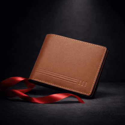 Portefeuille homme en cuir marron clair avec finitions soignées, photographié sur fond sombre et ruban rouge