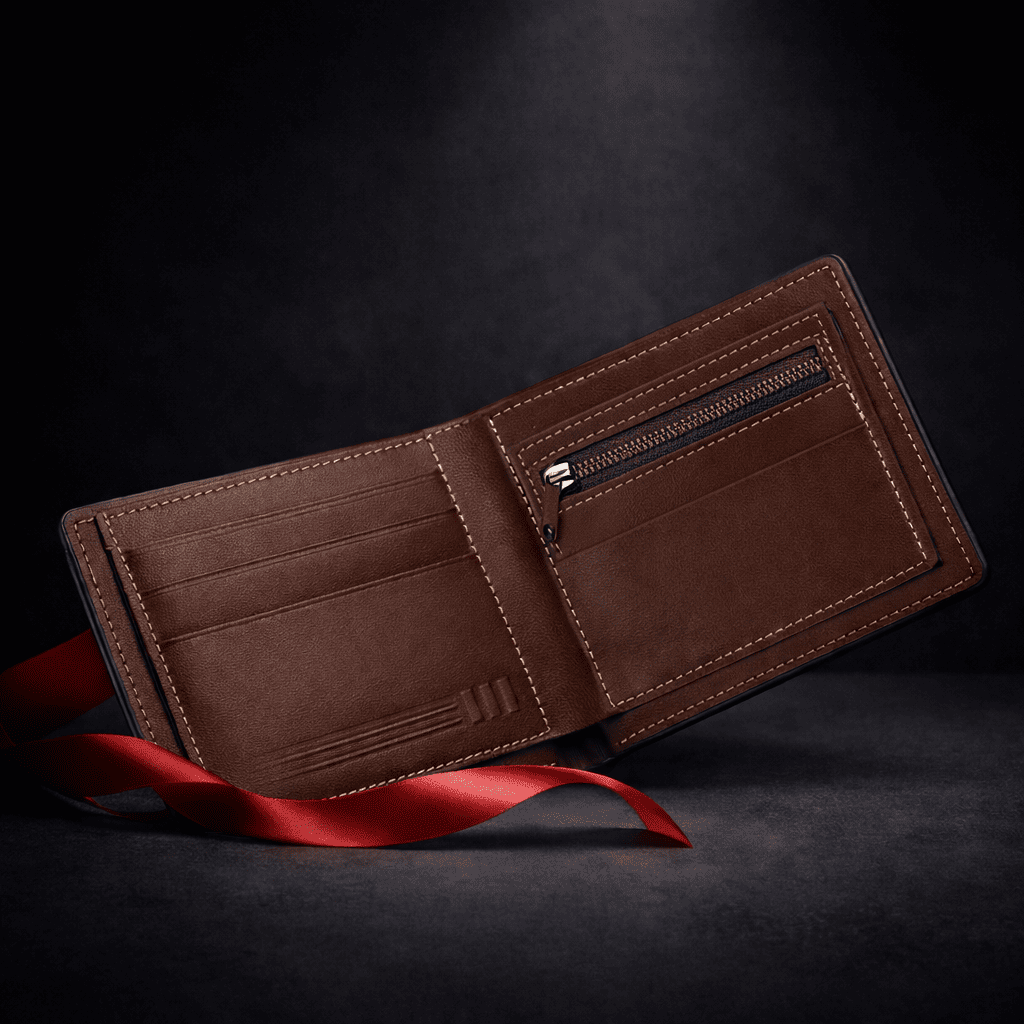 Intérieur de portefeuille homme en cuir marron avec compartiments cartes et poche zippée, présenté sur fond sombre