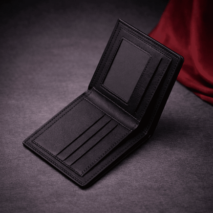 Portefeuille homme en cuir noir ouvert avec fentes pour cartes et emplacement billet, design premium Novaleor