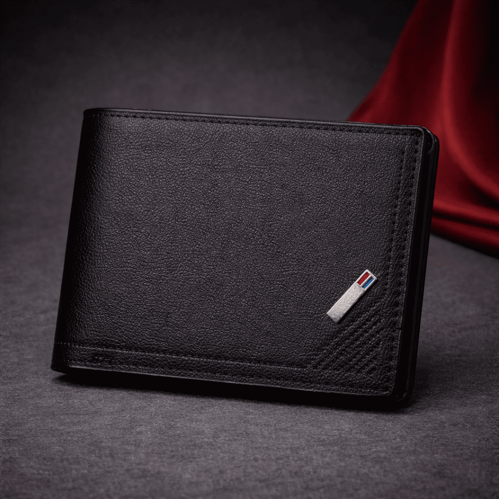 Portefeuille homme en cuir noir premium avec finitions élégantes et détail métallique, photo studio haut de gamme Novaleor