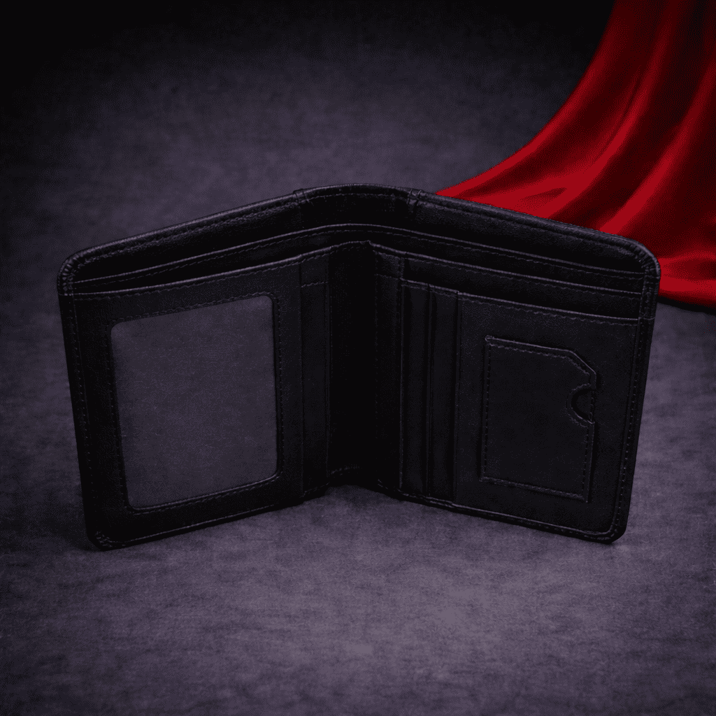 Portefeuille homme en cuir noir ouvert, design épuré, sans cartes ni billets | Novaleor