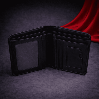 Portefeuille homme en cuir noir ouvert, design épuré, sans cartes ni billets | Novaleor