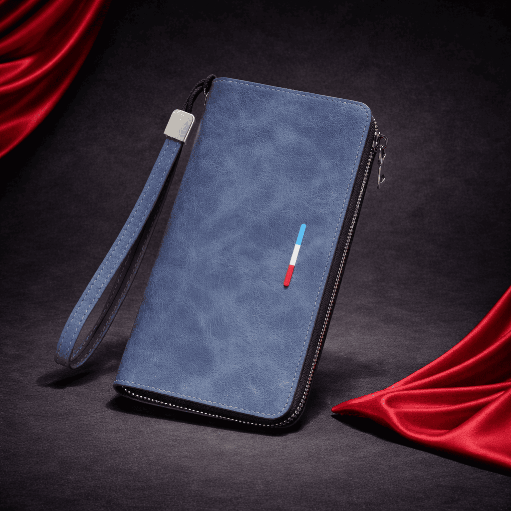 portefeuille long zippé bleu en cuir avec dragonne, design moderne | Novaleor