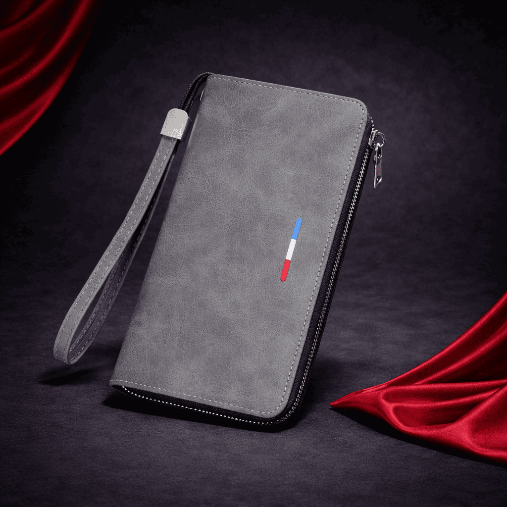 portefeuille long zippé gris en cuir avec dragonne, vue extérieure | Novaleor