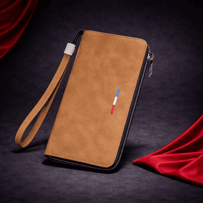 portefeuille long zippé marron camel en cuir avec dragonne | Novaleor