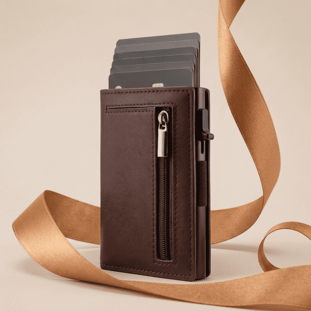Porte-cartes RFID compact pop-up marron Pulson avec ruban cognac doré — Novaleor