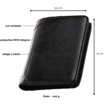 Portefeuille homme 3 volets en cuir véritable protection RFID — Théon Trio™