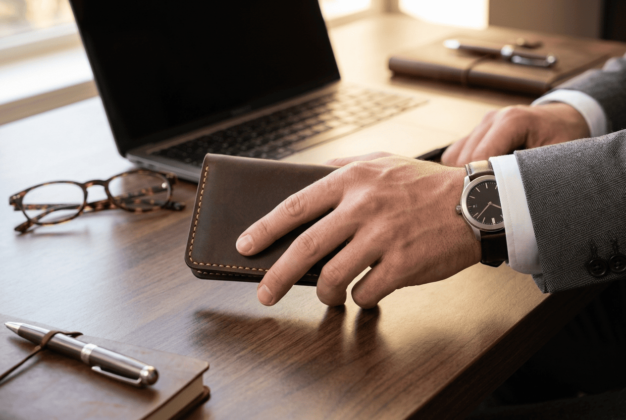 Portefeuille homme cuir véritable cognac Artéon posé sur un bureau élégant par des mains masculines — Novaleor