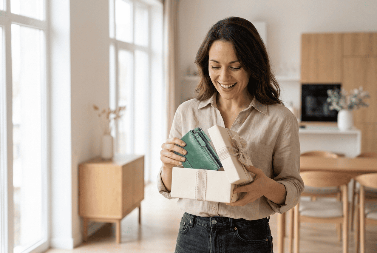 Femme ouvrant un portefeuille en cuir en cadeau