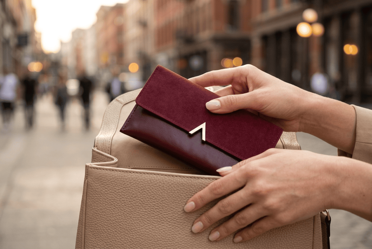 Portefeuille femme long bordeaux Celestia tenu par des mains féminines élégantes — Novaleor
