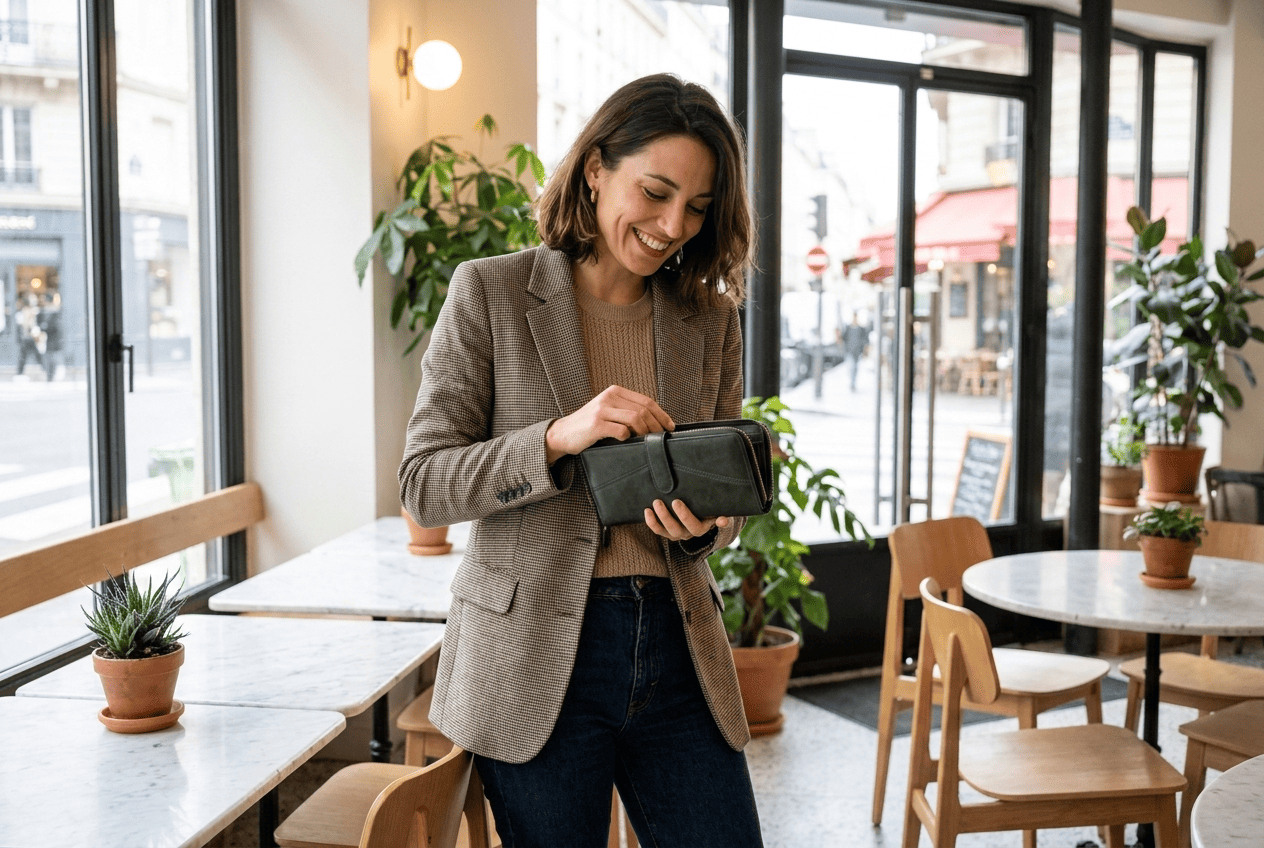 femme dans un café tenant son portefeuille en cuir pour payer