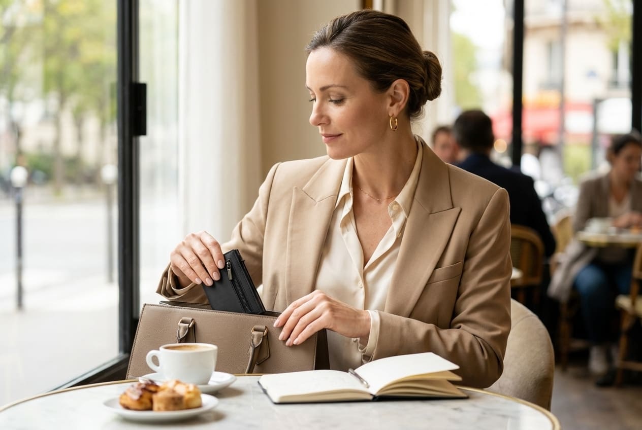 femme rangeant son porte-carte dans son sac dans un café