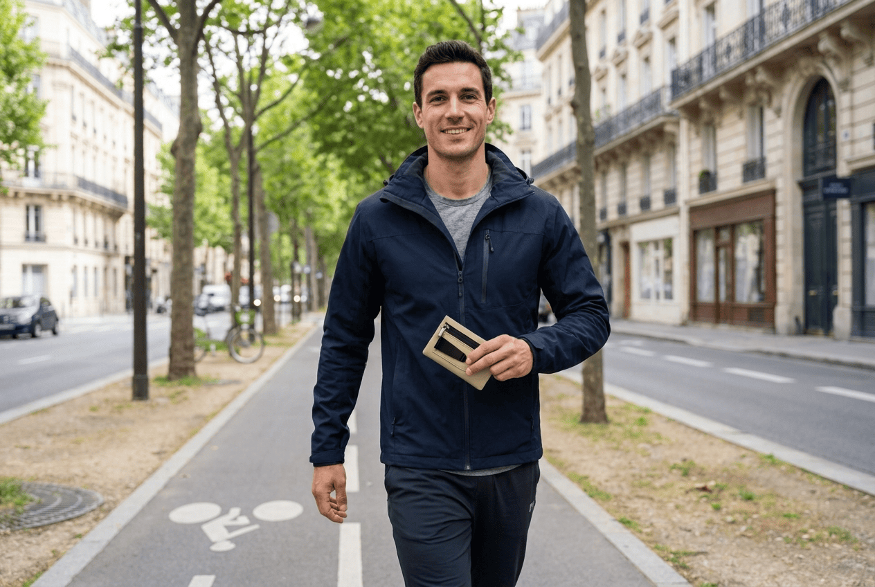 homme actif tenant un portefeuille en nylon
